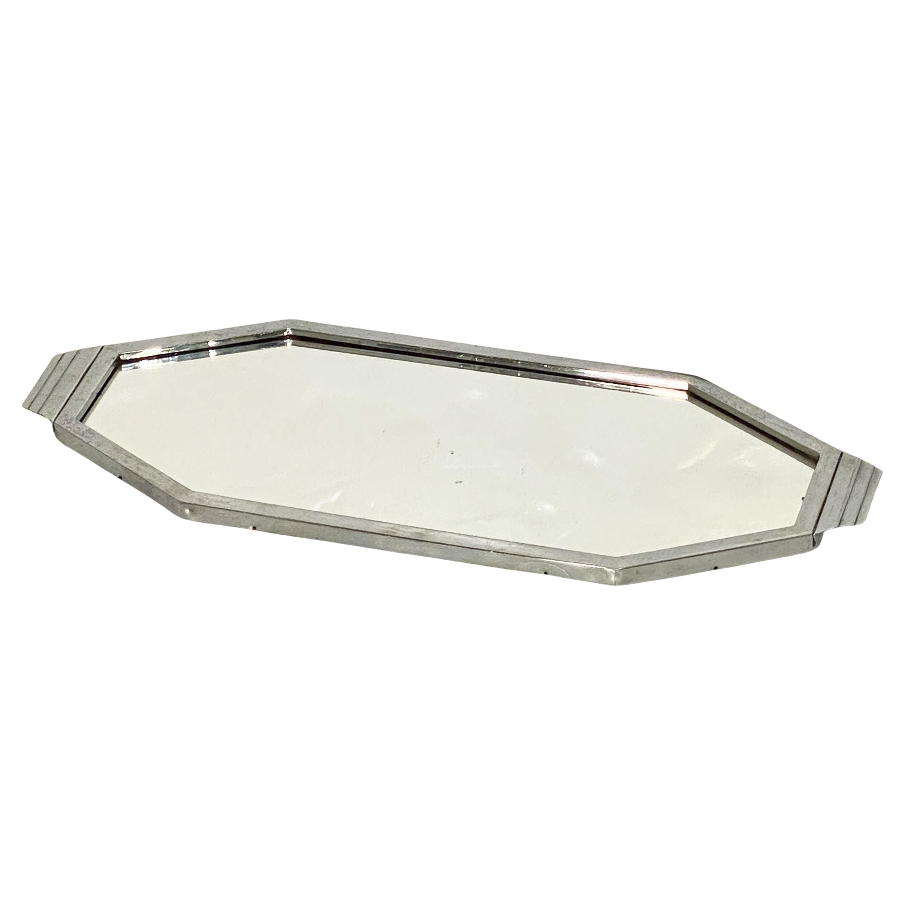 Art Deco Octagonal Mirrored Glass Tray with Chrome Surround from England For Sale