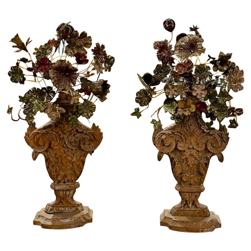 Paire de topiaires en bois sculpté et métal peint du 18ème siècle