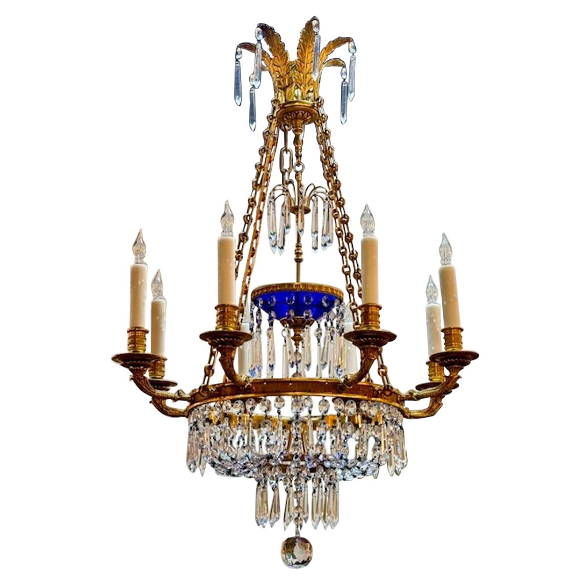 19th Century French Gilt Brass and Crystal Chandelier with Cobalt Glass For Sale