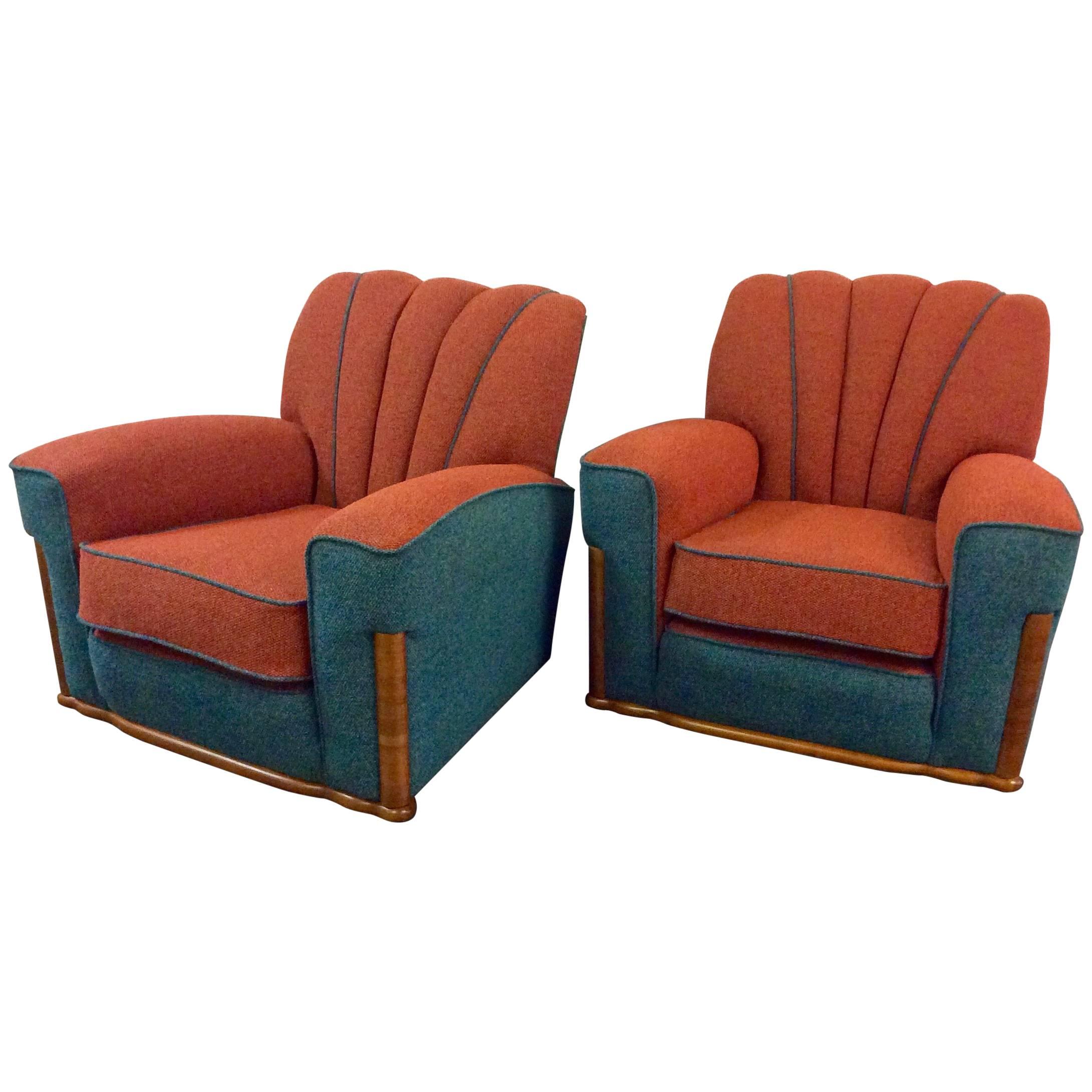Pair of Art Deco Shell Back Armchairs Newly Upholstered
