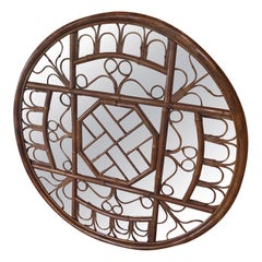 Vintage Rattan Bamboo Tortoise 1970s Chinese Chippendale Round Wall Mirror