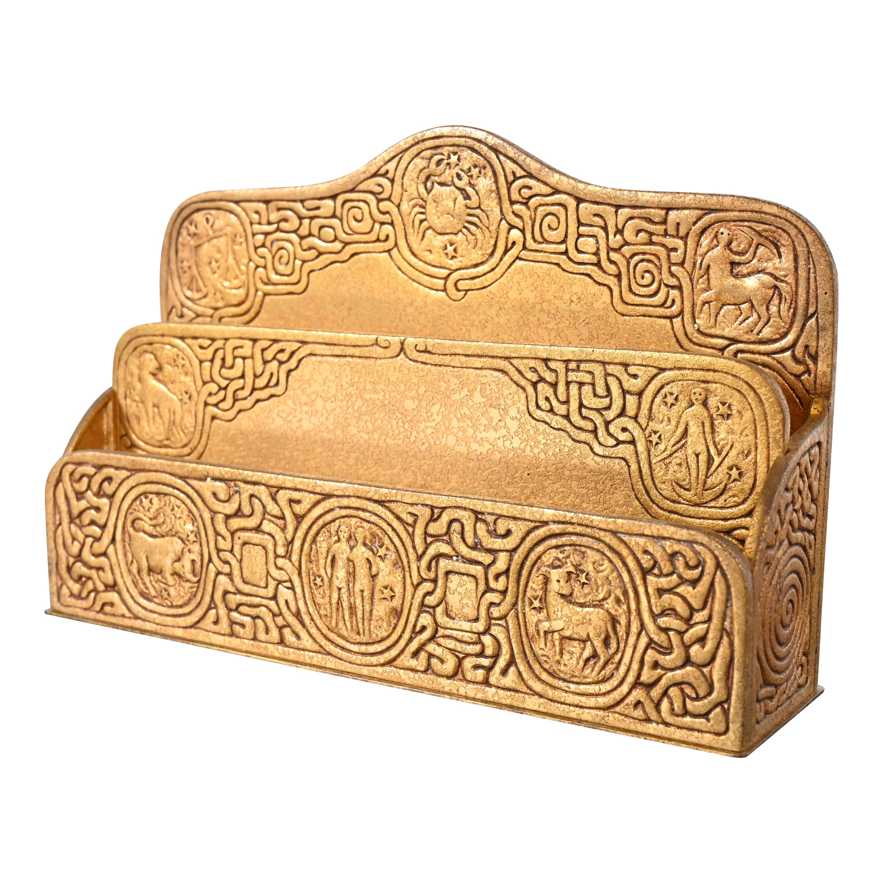 Tiffany Studios New York Zodiac Pattern Bronze Doré Letter Rack