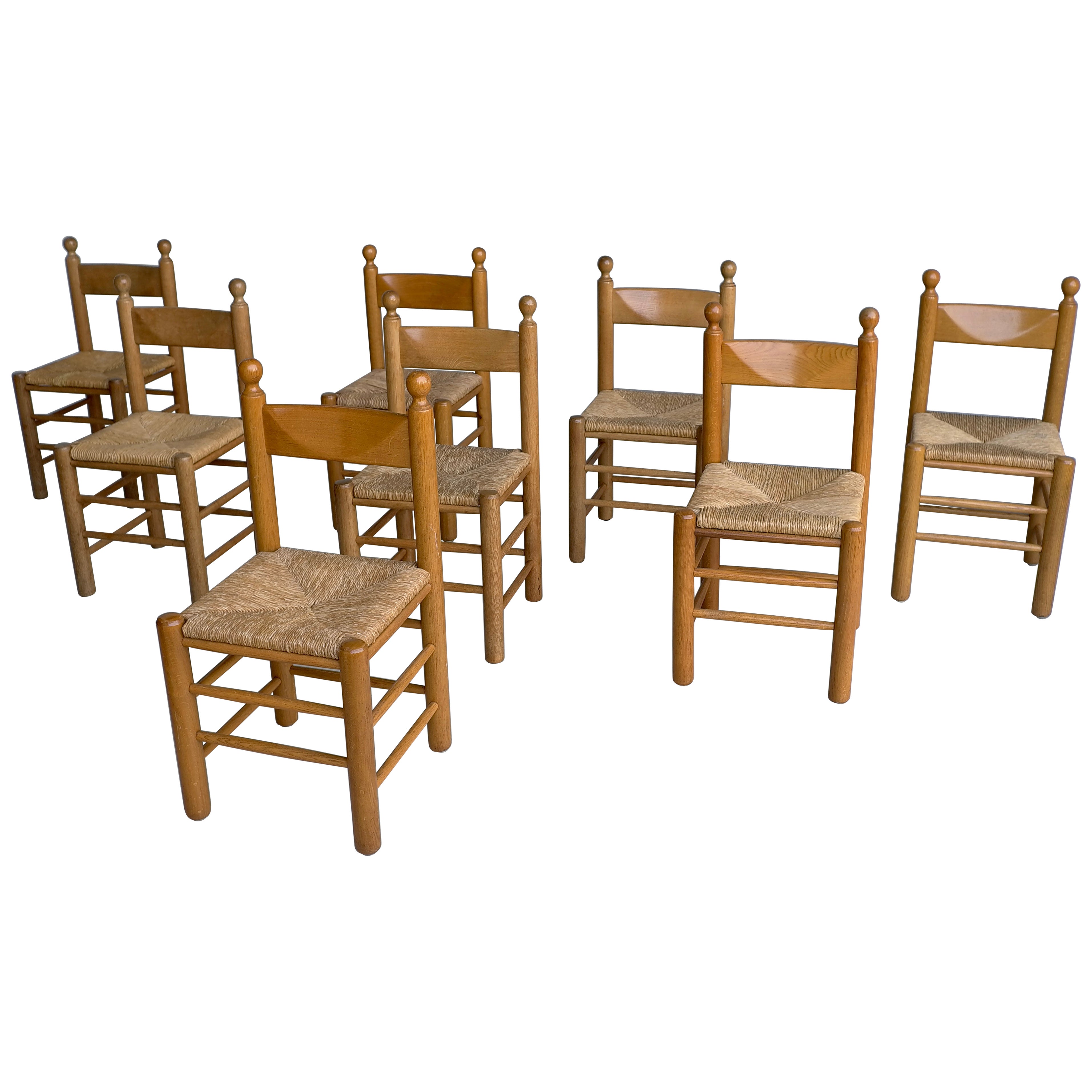 8 Oak and Rush Chairs in Style of Charles Dudouyt , France 1960's For Sale