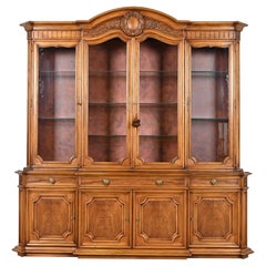 Karges French Regency Louis XVI Burled Walnut Breakfront Bookcase Cabinet, 1960s
