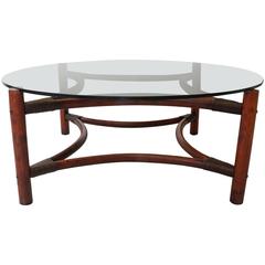 Vintage Mid-Century Rattan Bamboo Smoked Glass Large Round Coffee Table