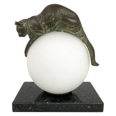 French Table Lamp Equilibre a Cat on a Glass Ball by Gaillard for Max Le Verrier