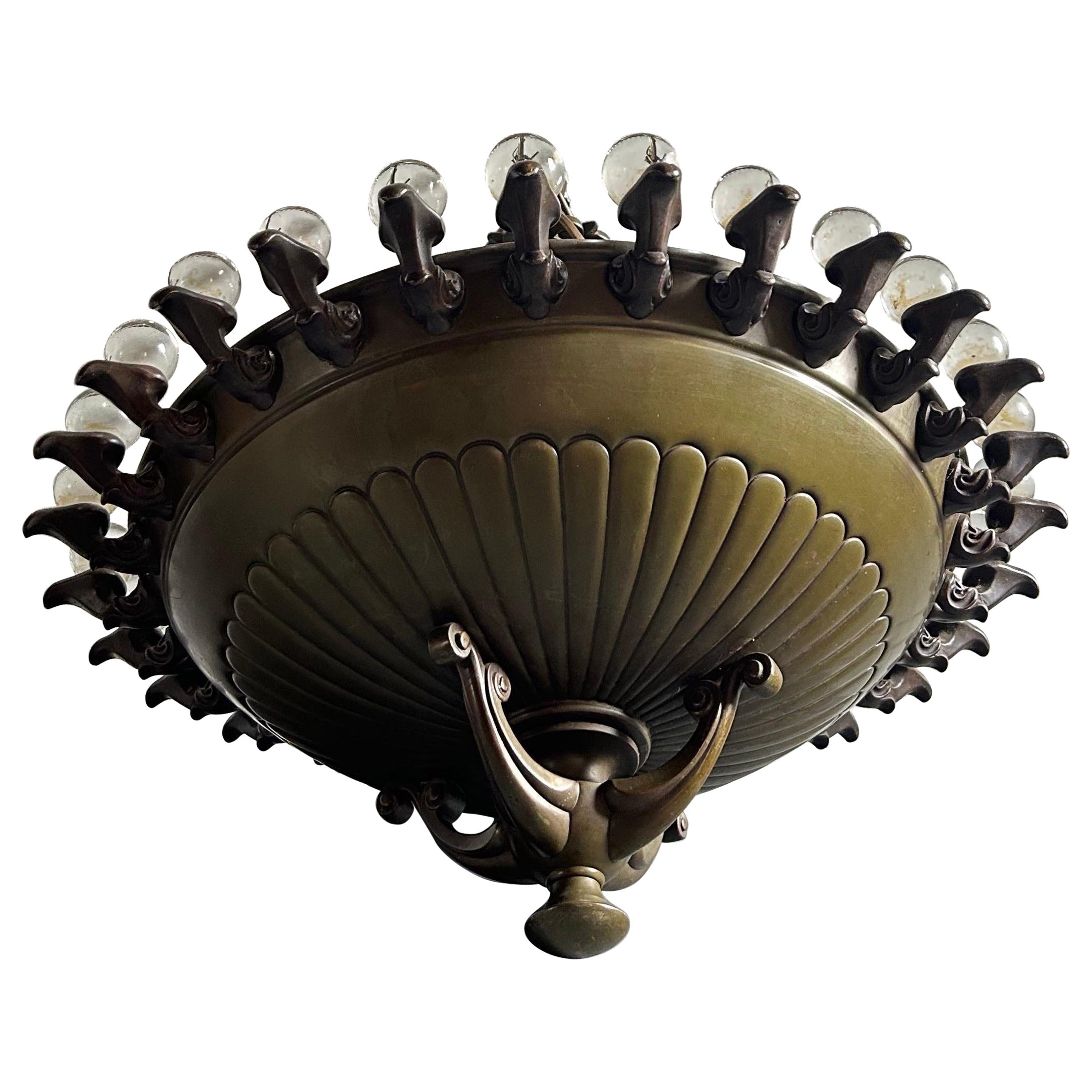 Aage Rafn Art Deco Bronze Ceiling Lamp, Denmark, 1920s.