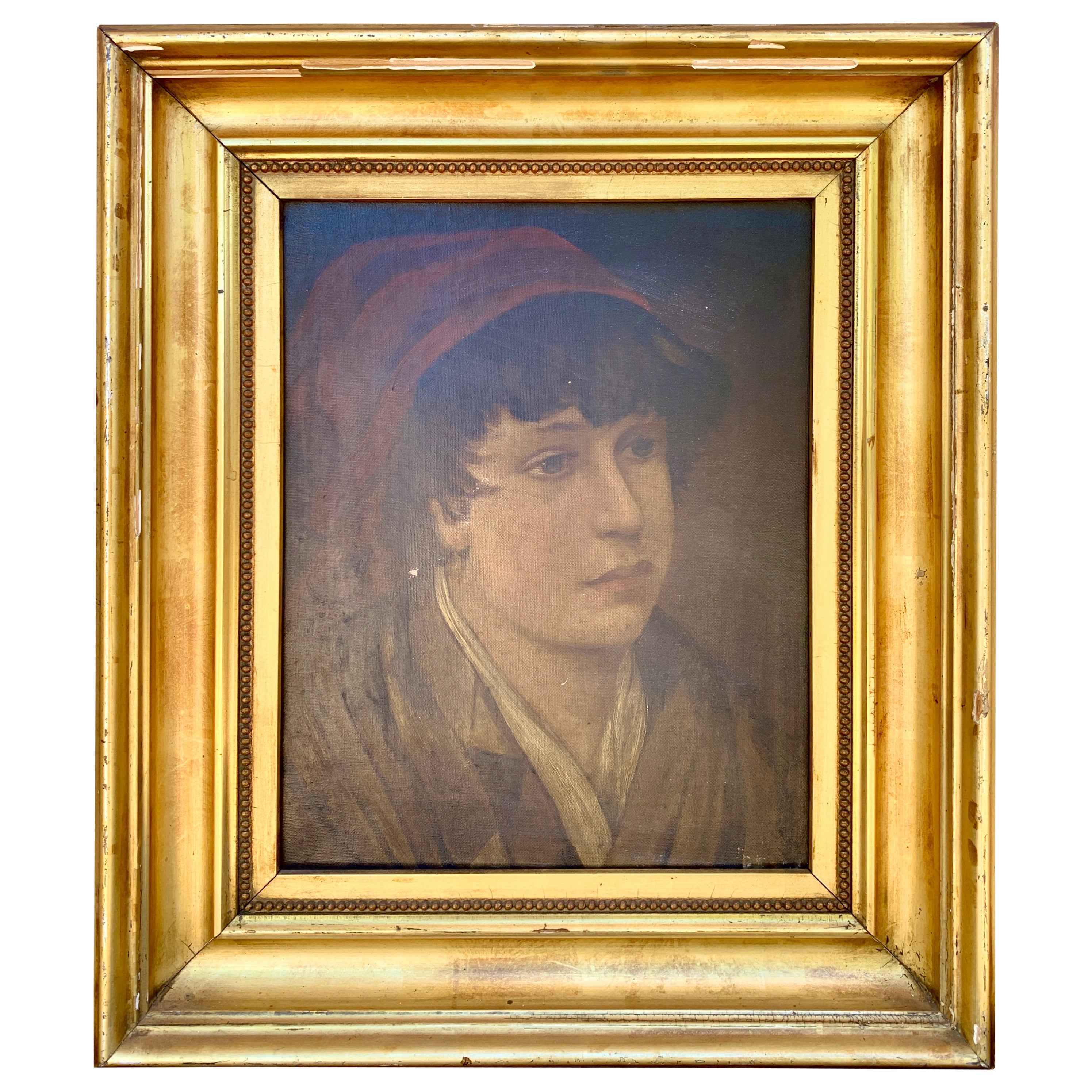 Antique Italian Oil on Canvas Portrait Painting of a Boy, Early 20th Century