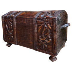 Antique French Carved Oak Petite Trunk Chest Black Forest Faux Bois Planter Box