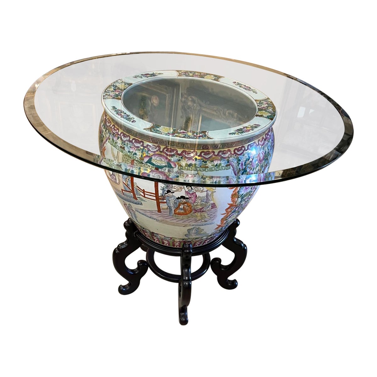 Vintage Chinese Famille Rose Porcelain, Round top glass Table