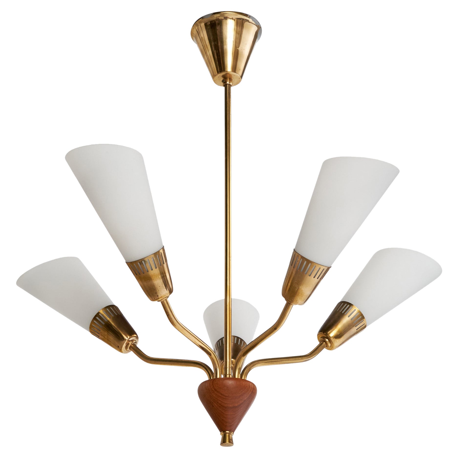 Lustre de designer suédois, laiton, teck, verre, Suède, années 1950