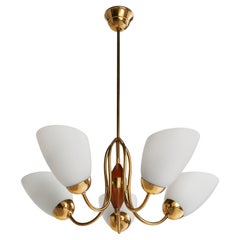 Swedish Designer, Chandelier, Brass, Wood, Glass, Sweden, 1940s