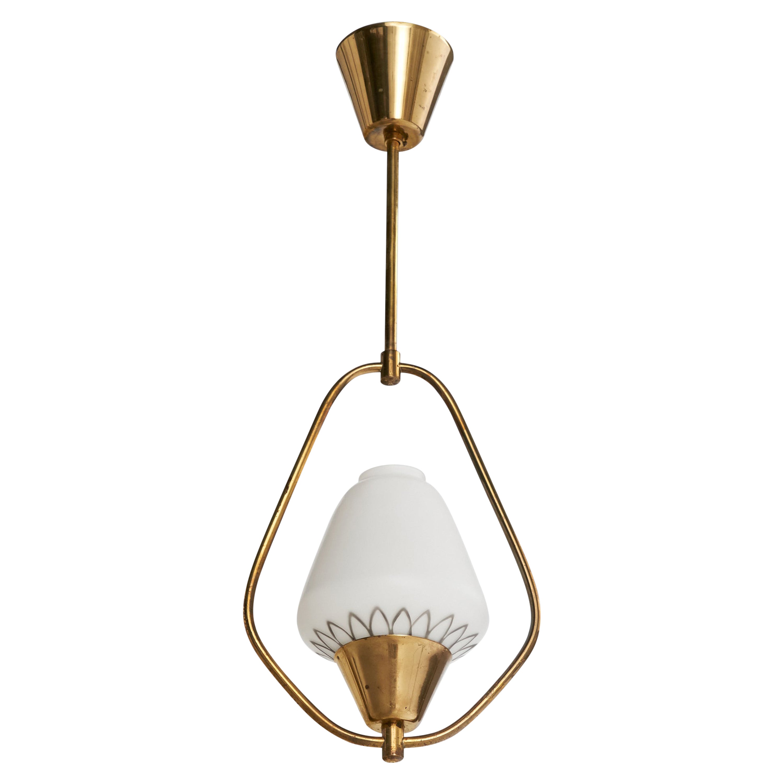 Swedish Designer, Pendant Light, Brass, Glass, Sweden, 1940s