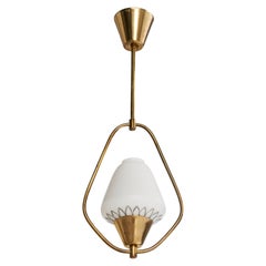 Swedish Designer, Pendant Light, Brass, Glass, Sweden, 1940s