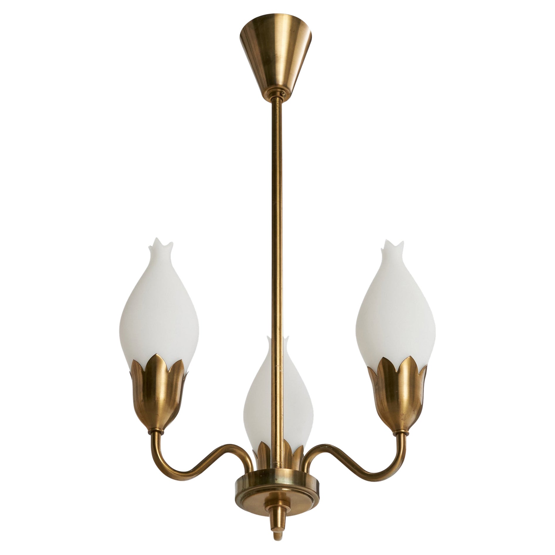 Fog & Mørup, Chandelier, Brass, Glass, Denmark, 1950s