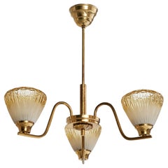 Swedish Designer, Chandelier, Brass, Glass, Sweden, 1960s