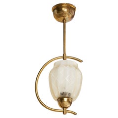 Swedish Designer, Pendant Light, Brass, Glass, Sweden, 1950s