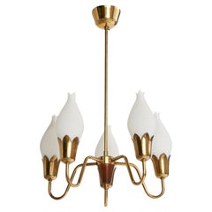 Fog & Mørup, Chandelier, Brass, Wood, Glass, Denmark, 1950s