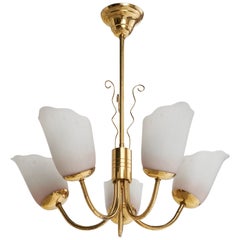 Lampadario di design svedese, ottone, vetro, Svezia, anni '1940