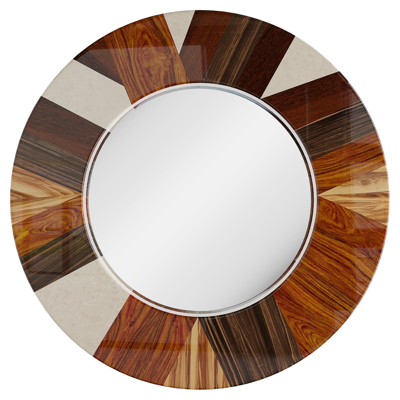 Mid-Century Modern Round Mirror Wood Frame Marquetry, Ebony Wood & Bird Eye