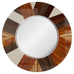 Mid-Century Modern Round Mirror Wood Frame Marquetry, Ebony Wood & Bird Eye
