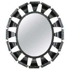 Silvered Brutalist Sunburst Oval Mirror, Wrought Iron
