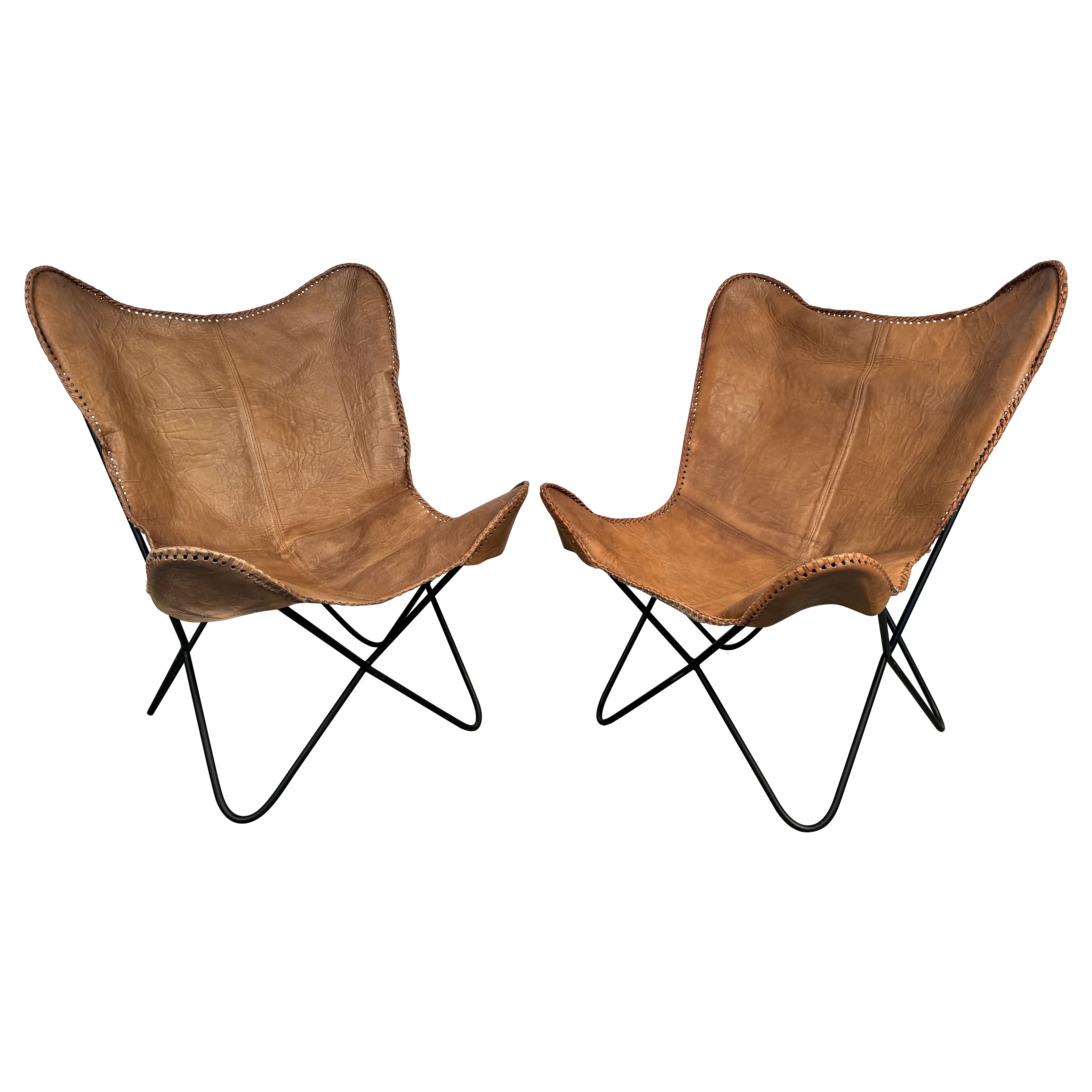 Vintage Style Leather Butterfly Chairs For Sale