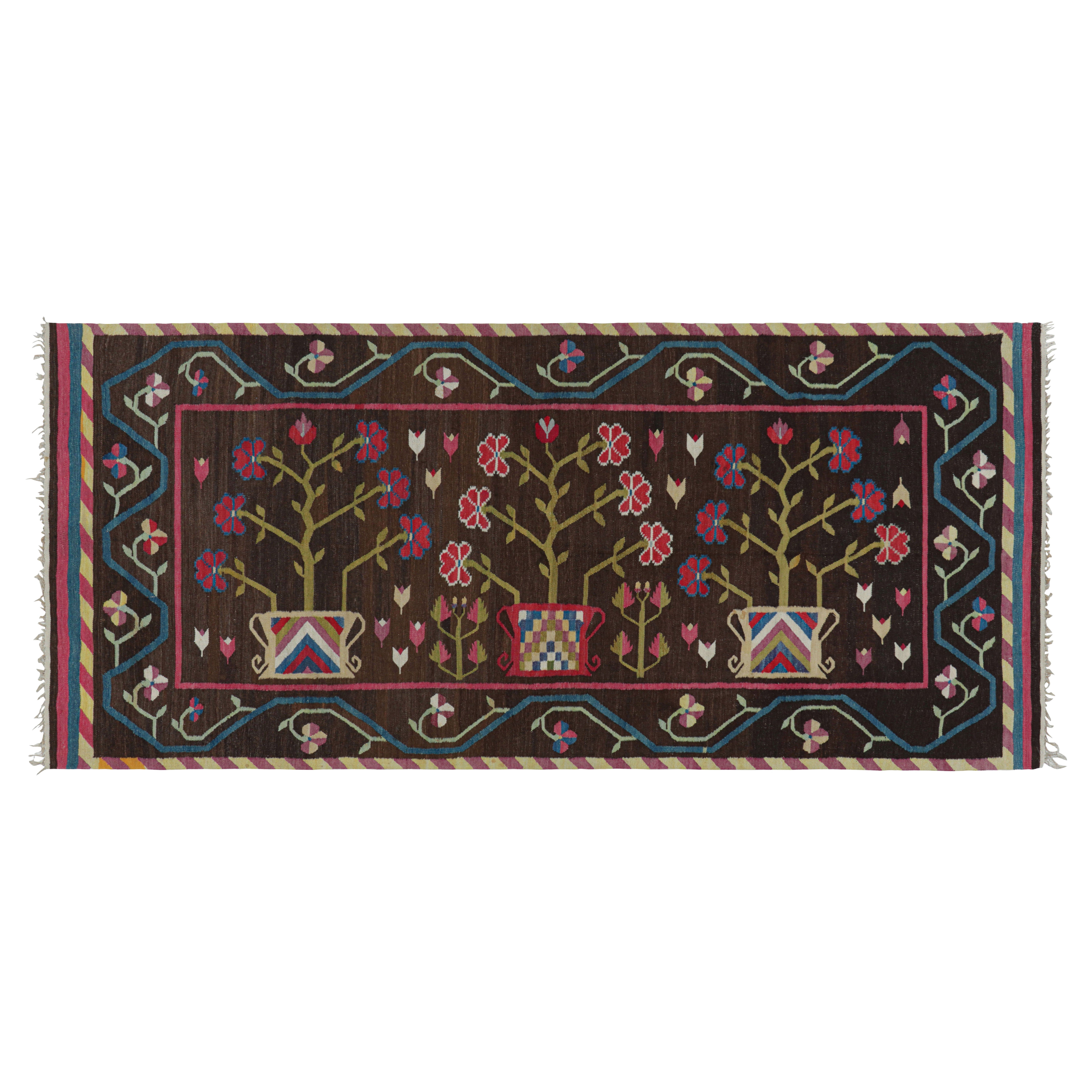 Antique Bessarabian Kilim in Brown with Pink Floral Patterns  Rug & Kilim