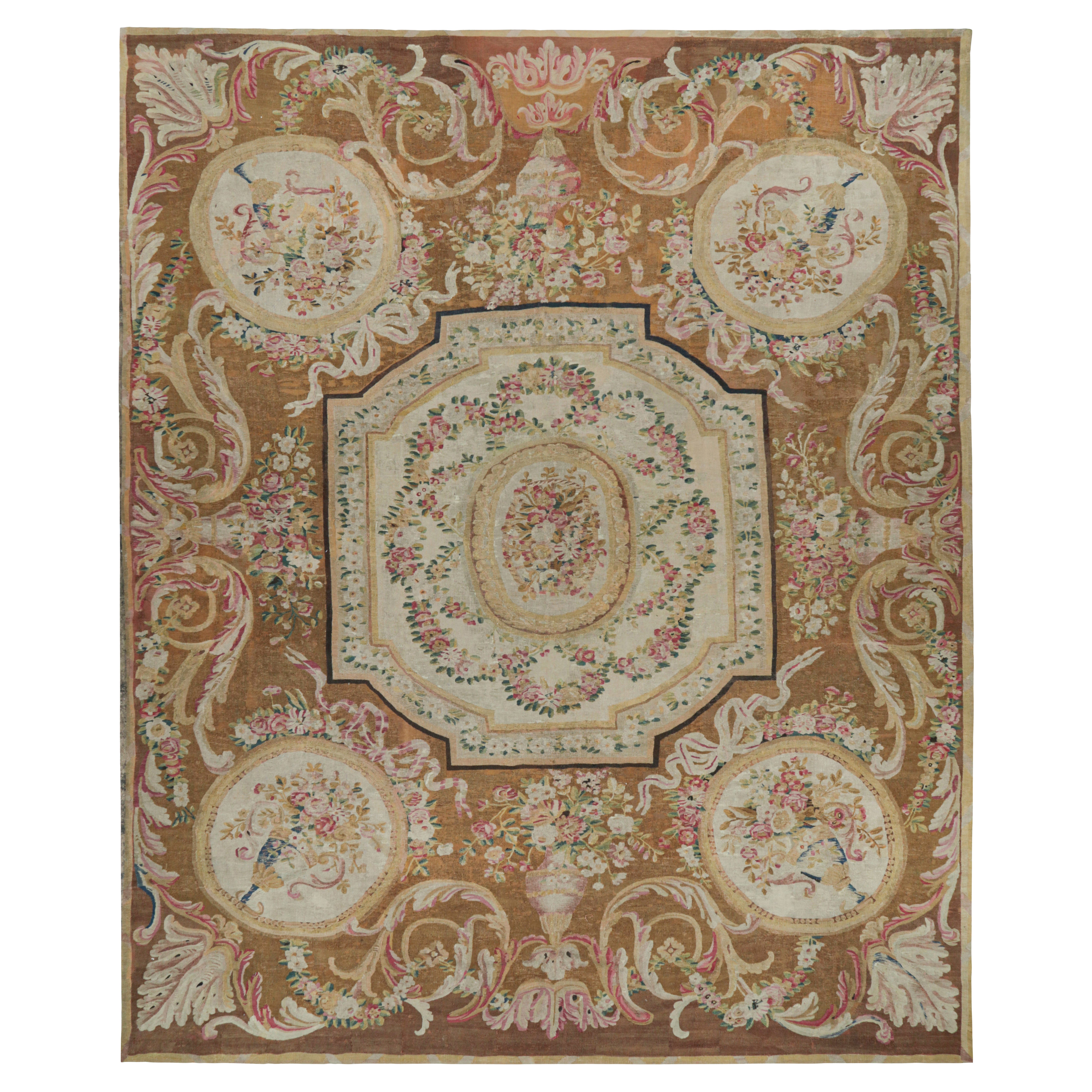 Oversized Antique Aubusson Rug in Brown and Cream with Medallions