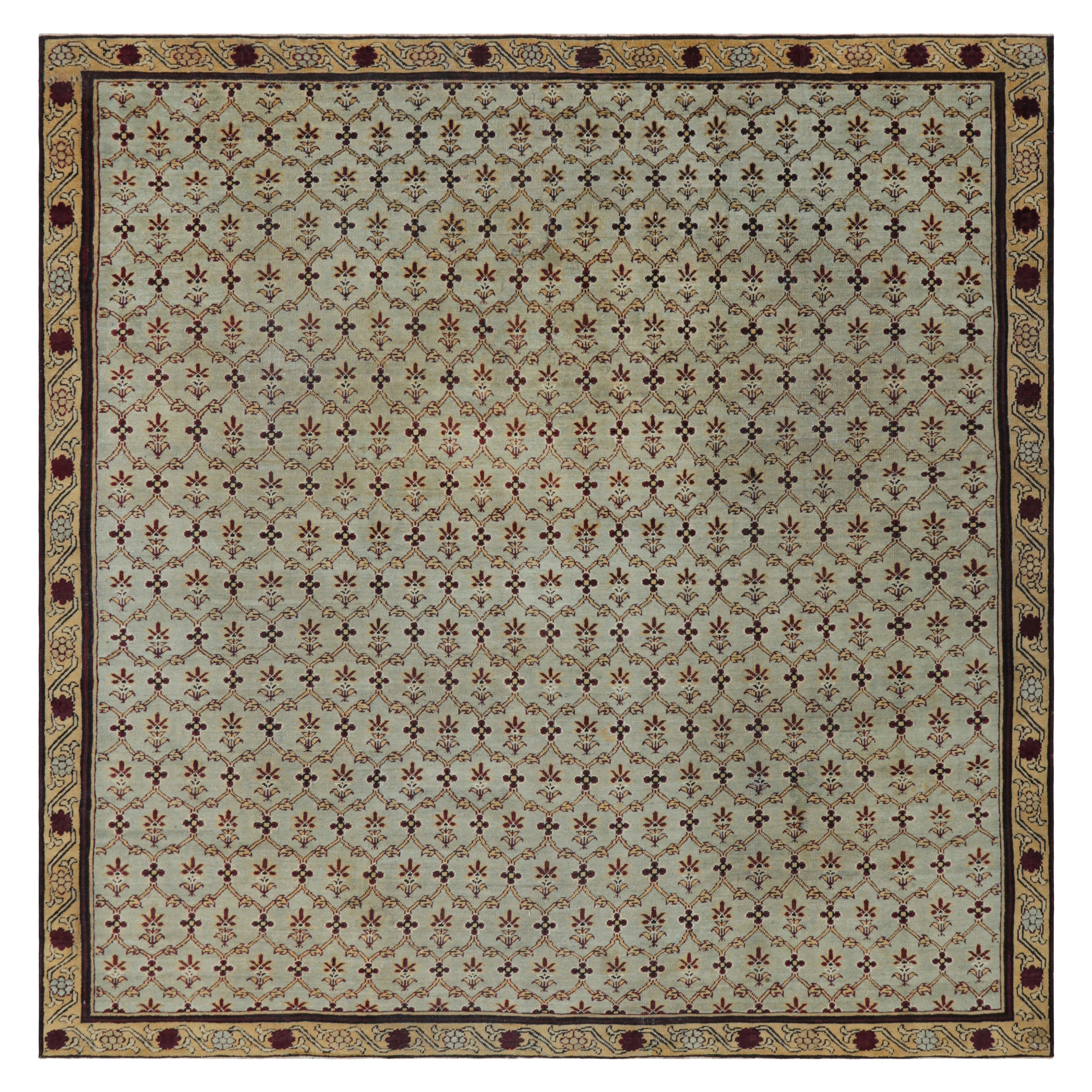Antique Agra Square Rug in Blue and Green with Floral Patterns  Rug & Kilim
