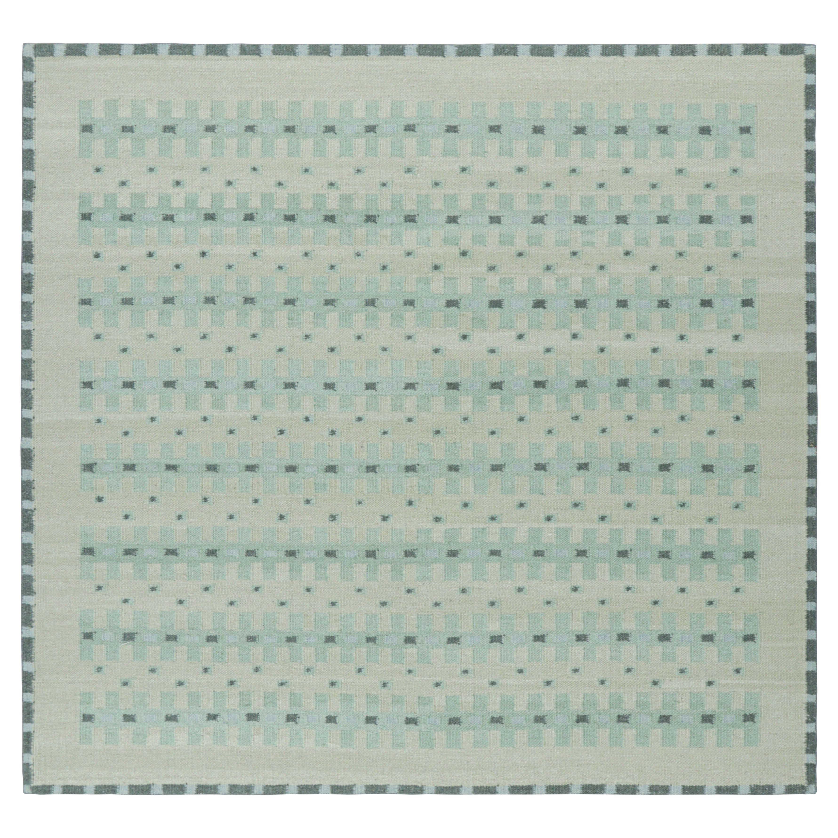 Rug & Kilim’s Custom Scandinavian Style Rug Design with Teal Geometric Patterns For Sale