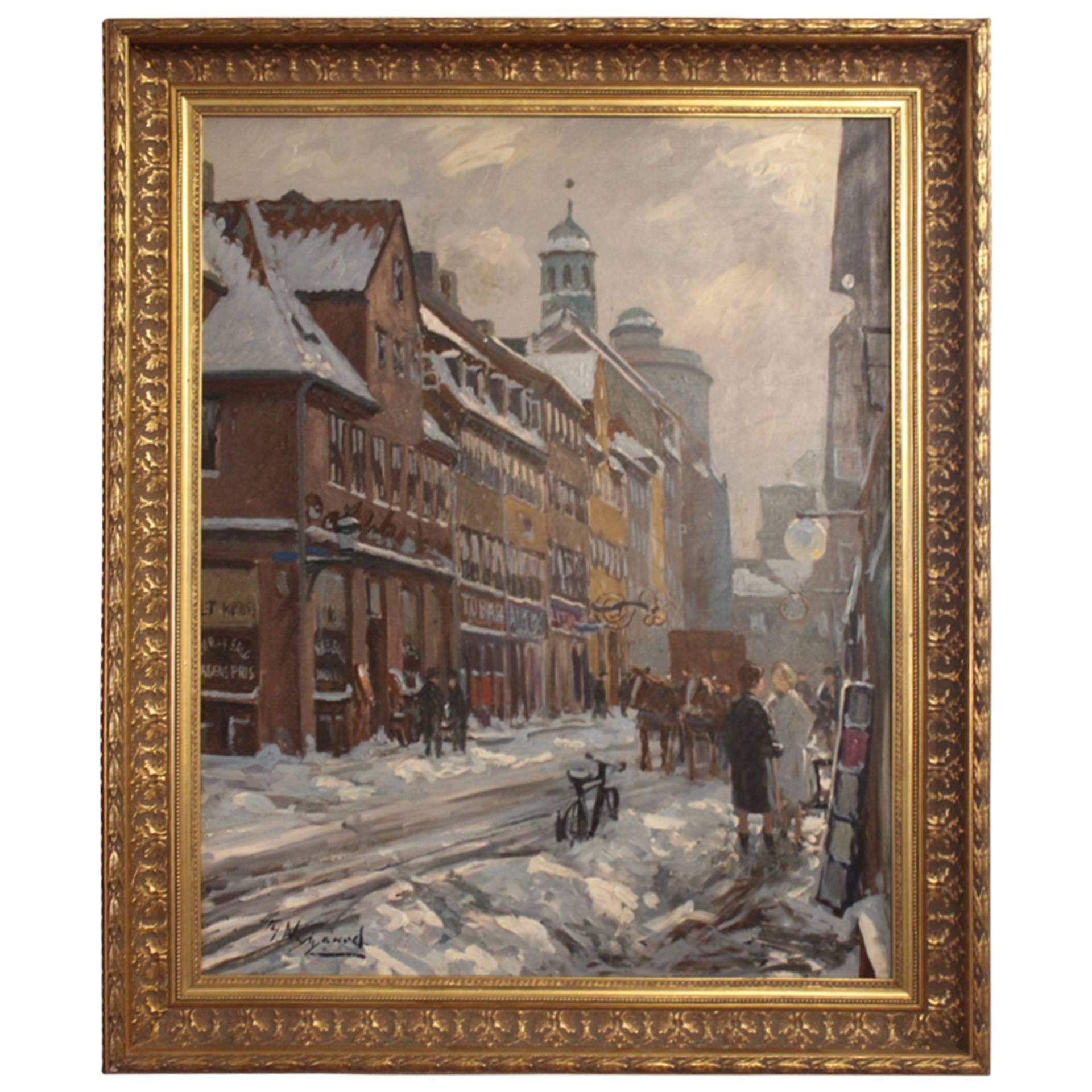 Oil Painting of Copenhagen's Streets in the Winter by Th. Nygaard, 1930