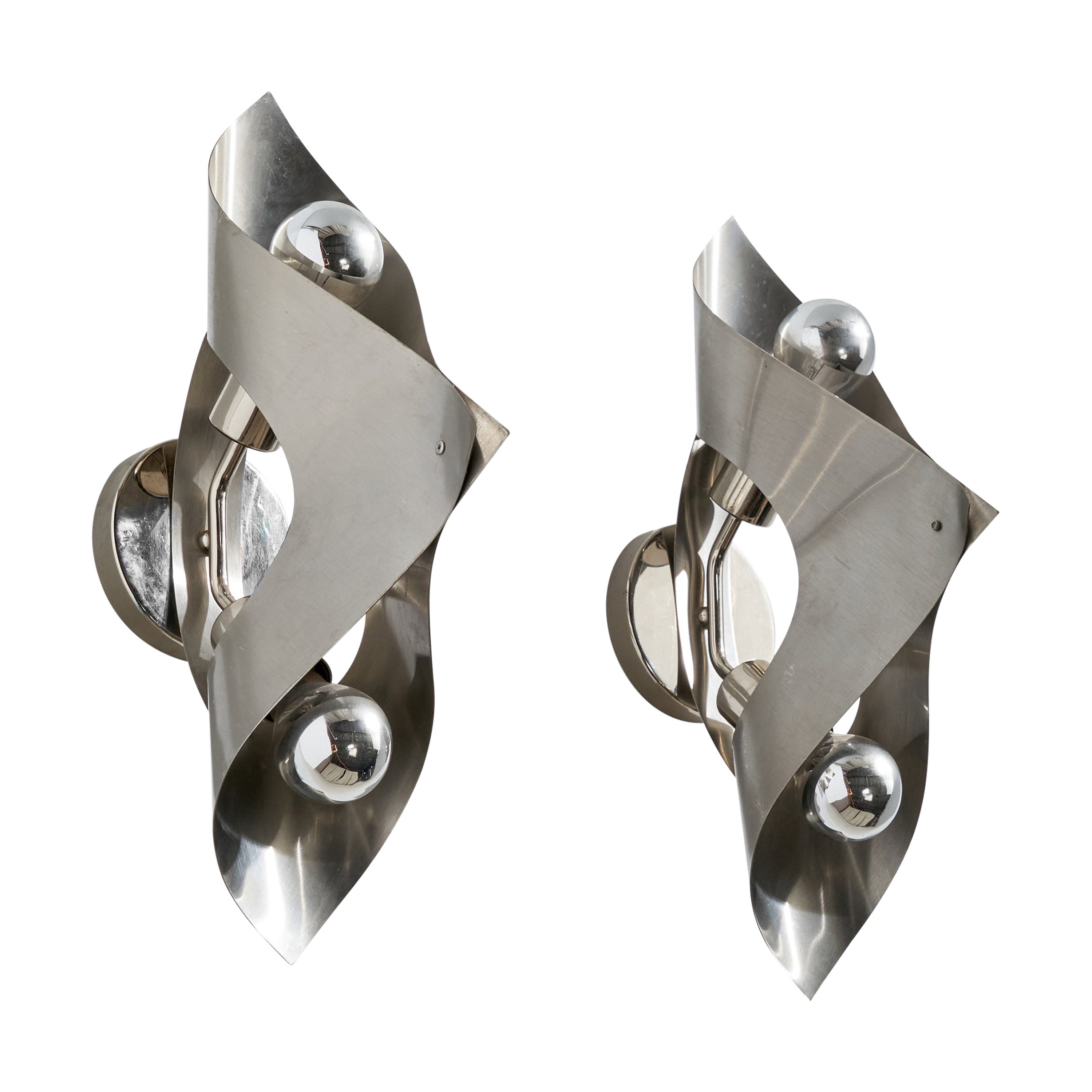French Designer, Wall Lights, Steel, France, c. 1970s