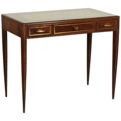 Elegant Desk Attributed to Paolo Buffa, Rosewood, Brass, Parchment Paper, Glass 