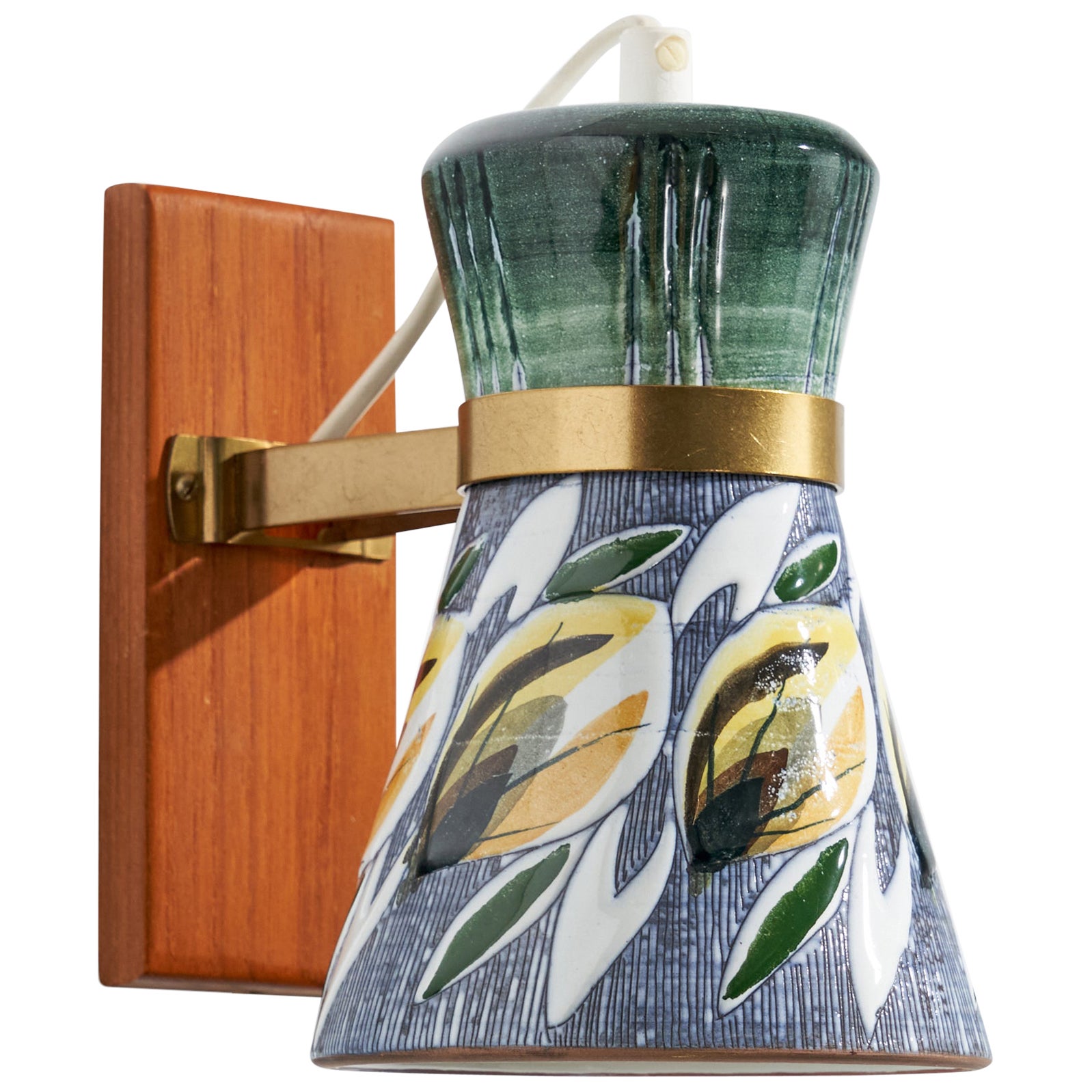 Tilgmans, Wall Light, Brass, Teak, Ceramic, Sweden, 1950s For Sale