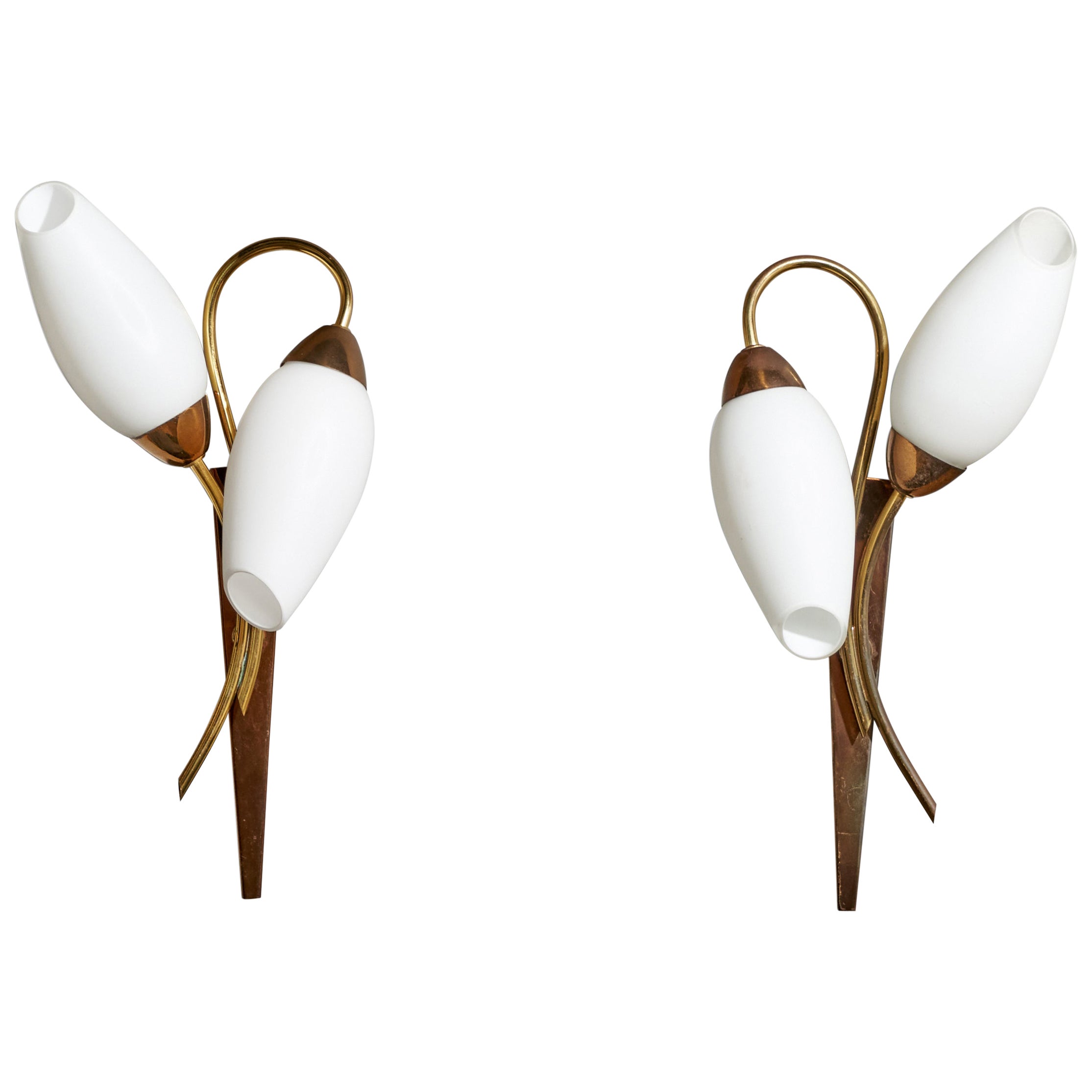 French Designer, Wall Lights, Brass, Glass, France, 1950s