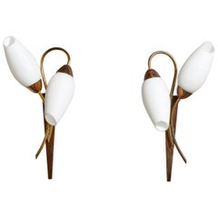 Französischer Designer, Wandleuchten, Messing, Glas, Frankreich, 1950er Jahre