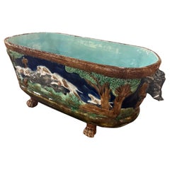 19th Century French Barbotine Ceramic Hounds & Boar Cache Pot from Sarreguemines