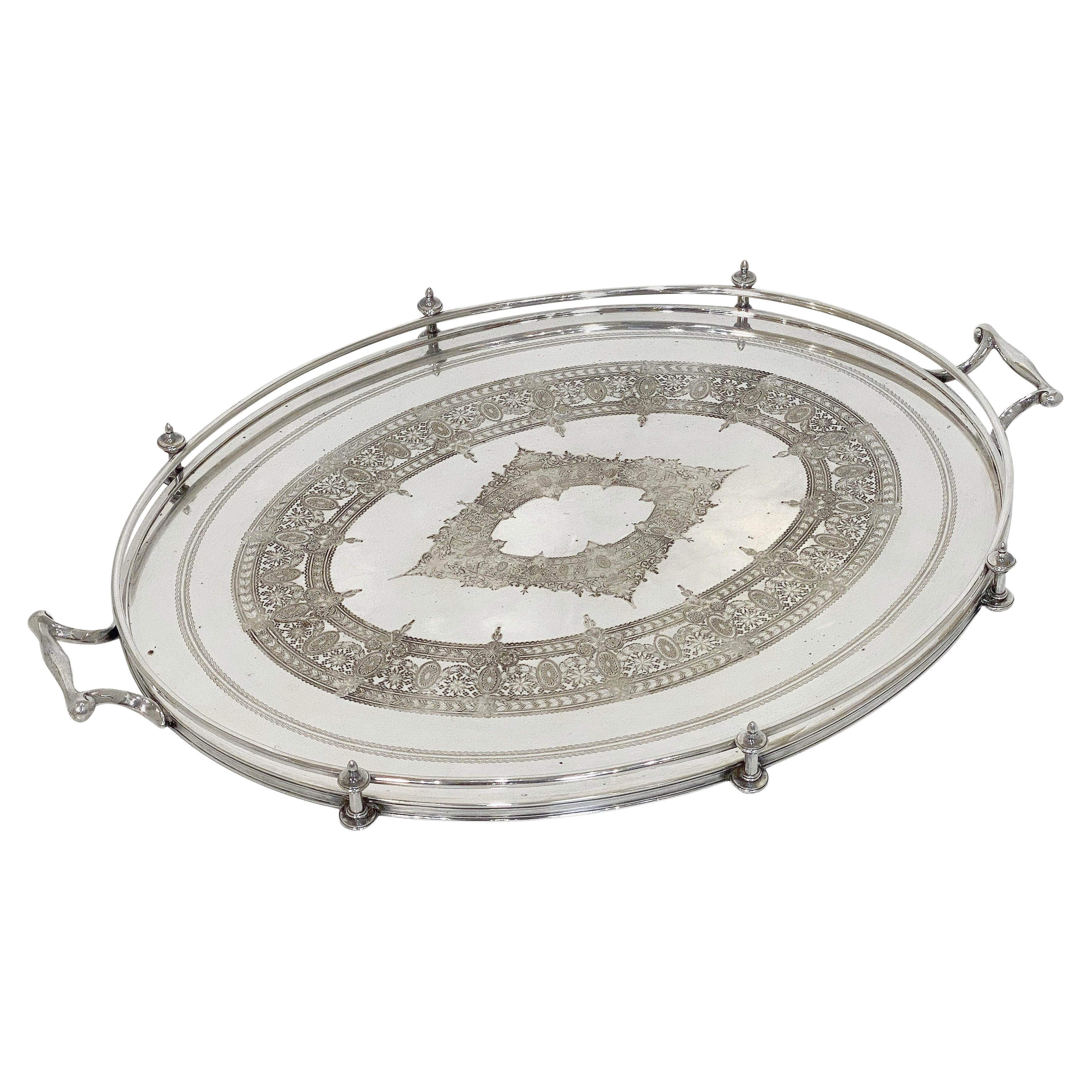 Large English Silver Oval Serving or Drinks Tray by James Dixon and Son