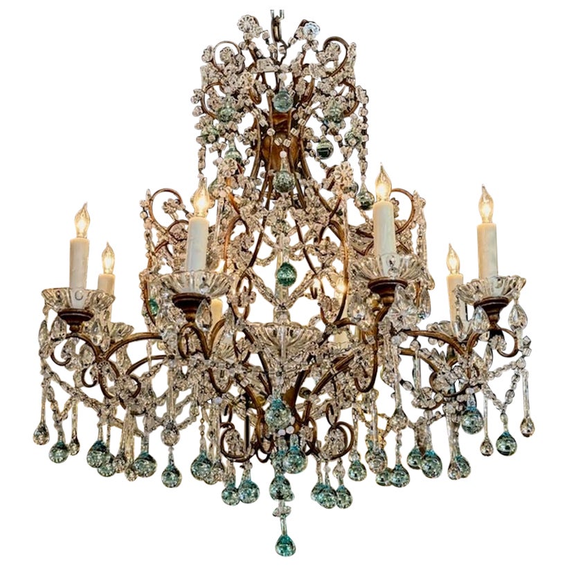Antique Italian Beaded Crystal Chandelier with Aqua Teardrops