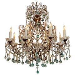 Antique Italian Beaded Crystal Chandelier with Aqua Teardrops
