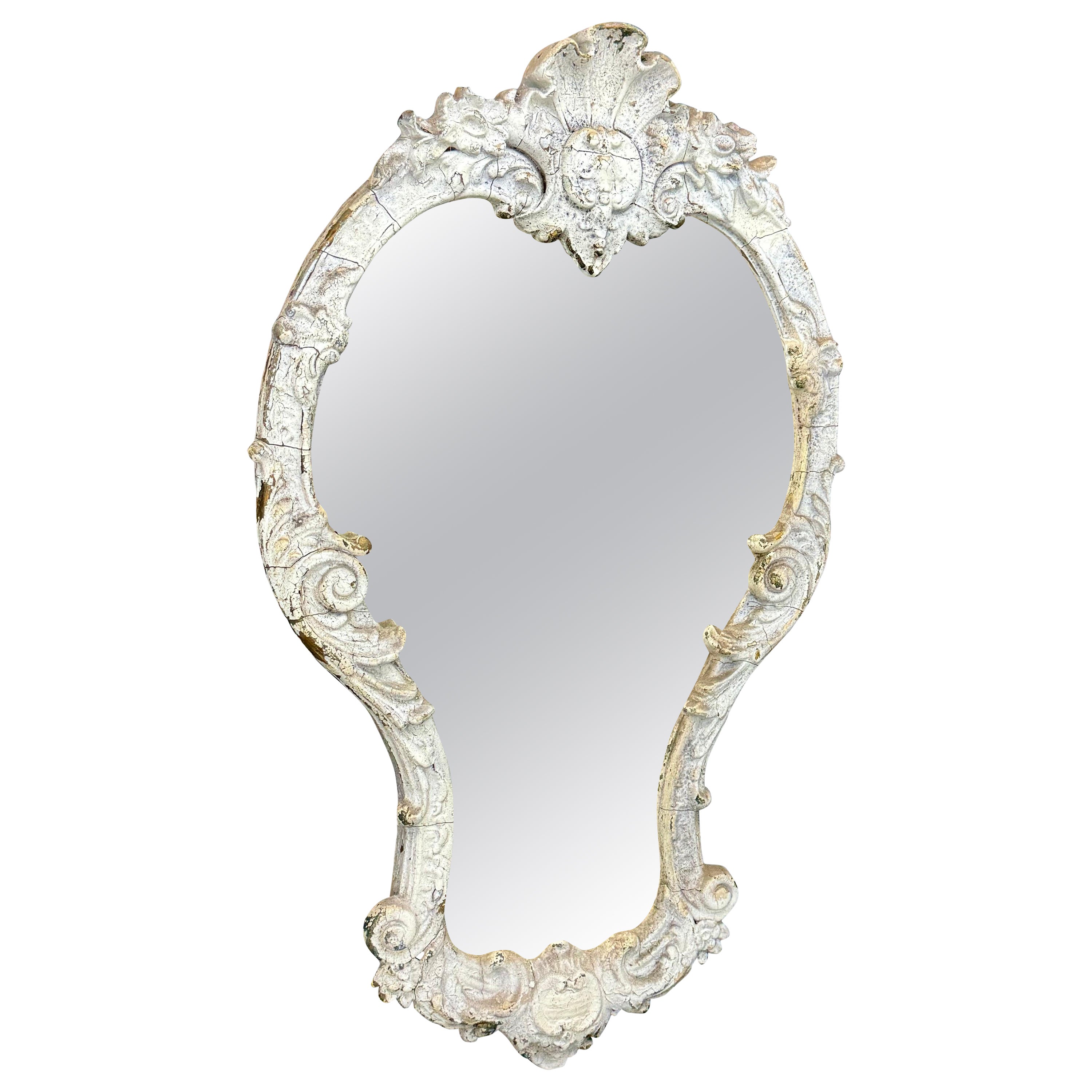 French Rococo White Painted Wood Wall Mirror