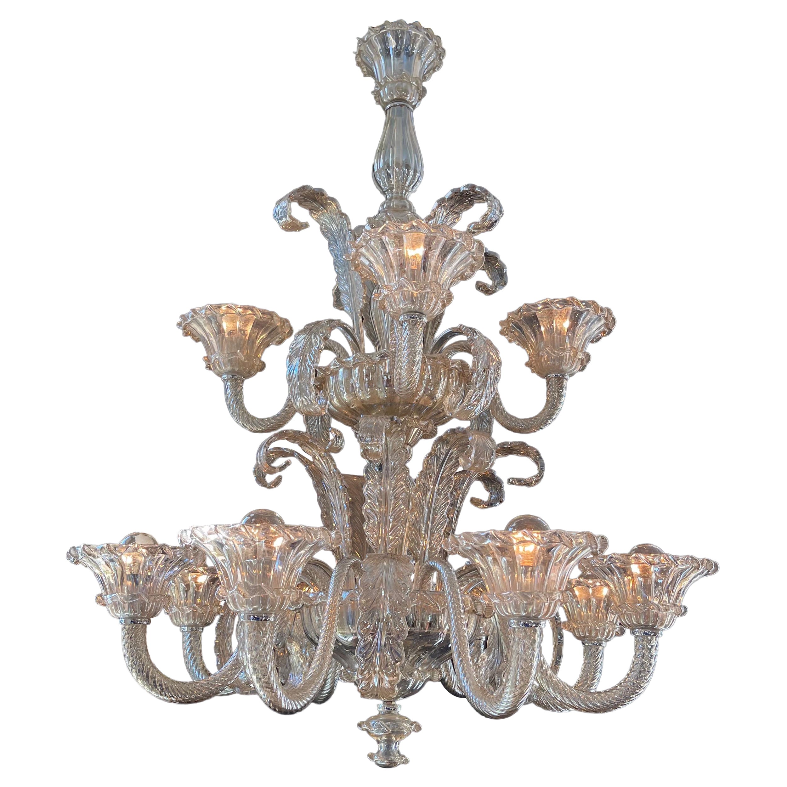 Wonderful Pair Mid Century Murano Large Seguso Smoke Glass 2 Tier Chandeliers For Sale