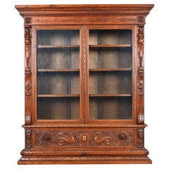 Antique French Renaissance Ornate Carved Walnut Bookcase Cabinet, CIRCA 1900