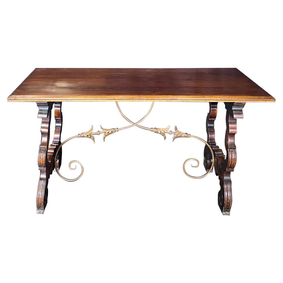 Handsome Fratino Spanish Walnut Dining Table with Iron Stretchers