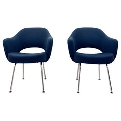 Vintage Midcentury Navy Blue Wool Upholstered Eero Saarinen Knoll Armchairs, Pair