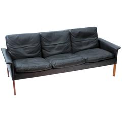 Danish Mid-Century Three-Seat Sofa Black Leather by Hans Olsen, circa 1962