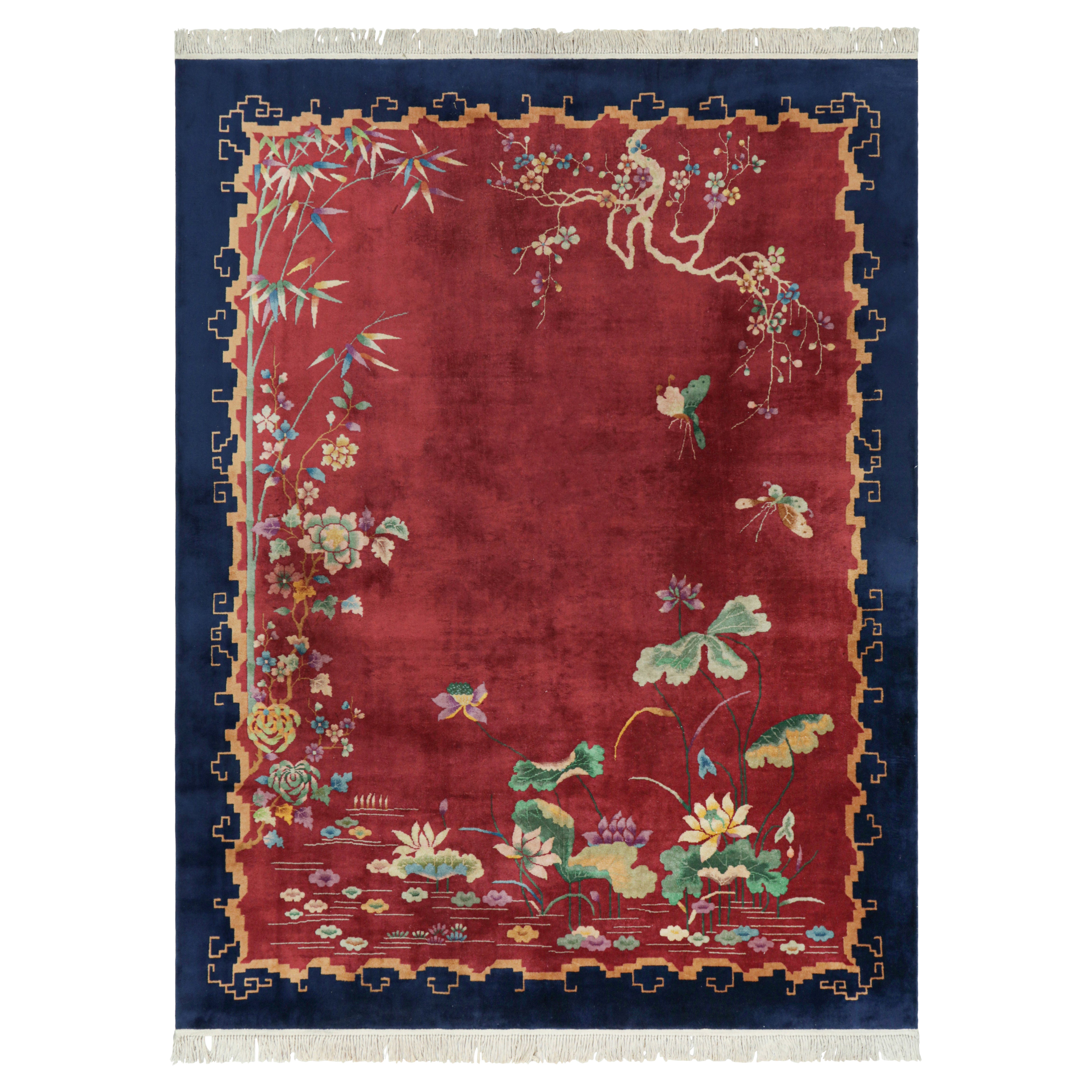 Antique Chinese Art Deco Rug in Red with Floral Patterns  Rug & Kilim