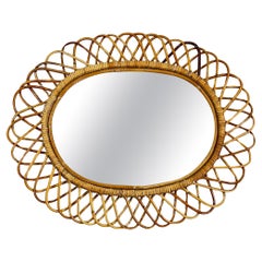Mid-Century Oval Mirror In Rattan And Bamboo, Attributed To Franco Albini, 1960s