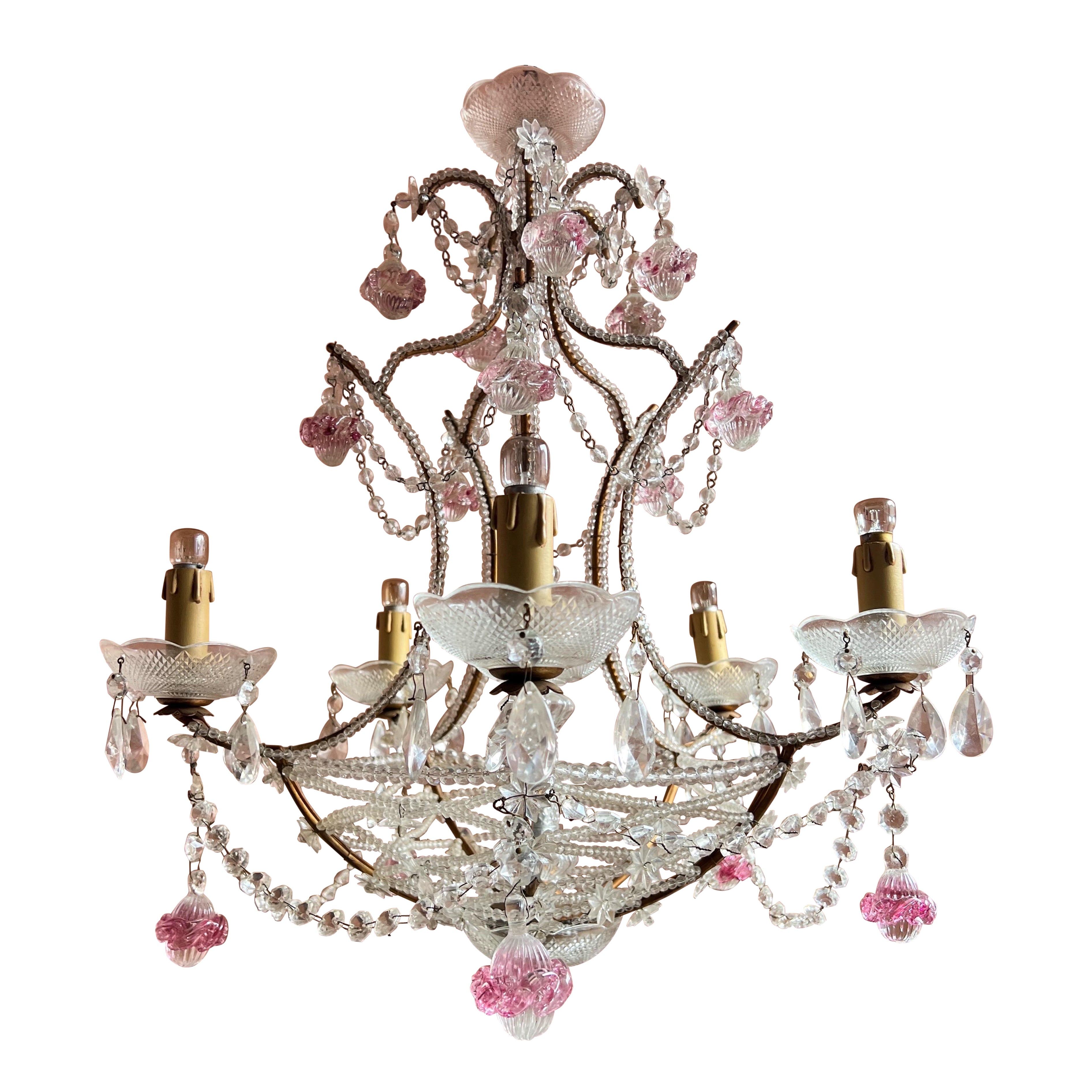 Swags de Cristal Florentino Italiano: Una araña de gotas de Murano rosa